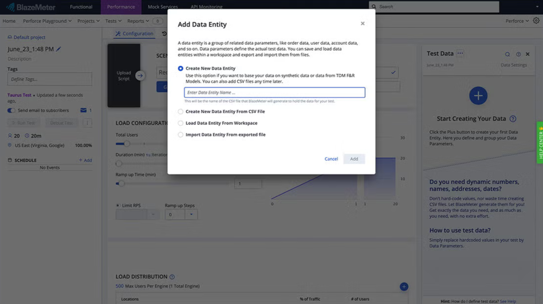 BlazeMeter add data entity screenshot.
