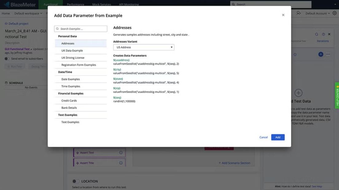 BlazeMeter add data parameter screenshot.
