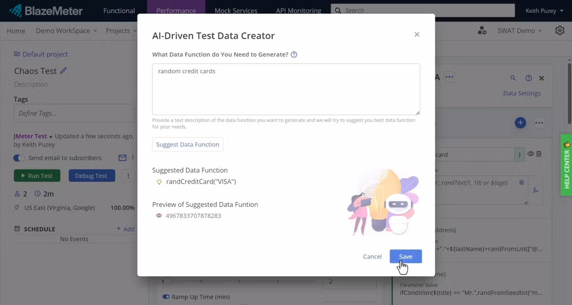 BlazeMeter AI-Driven Test Data Creator screenshot.