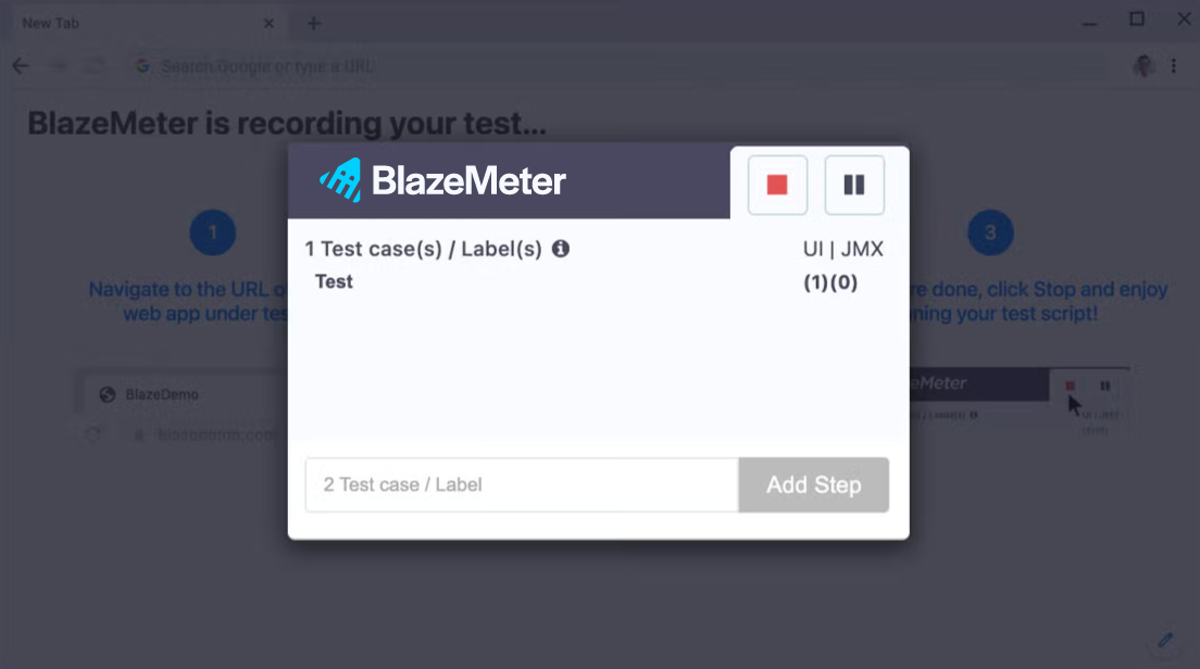 BlazeMeter functional testing recording screenshot.