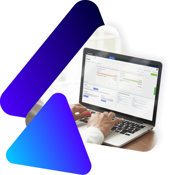 BlazeMeter API monitoring and testing screenshot on laptop.