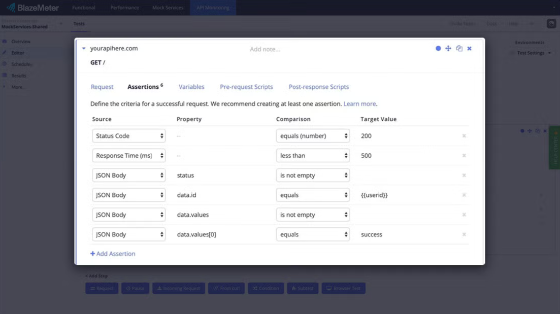 BlazeMeter API monitoring assertions screenshot.