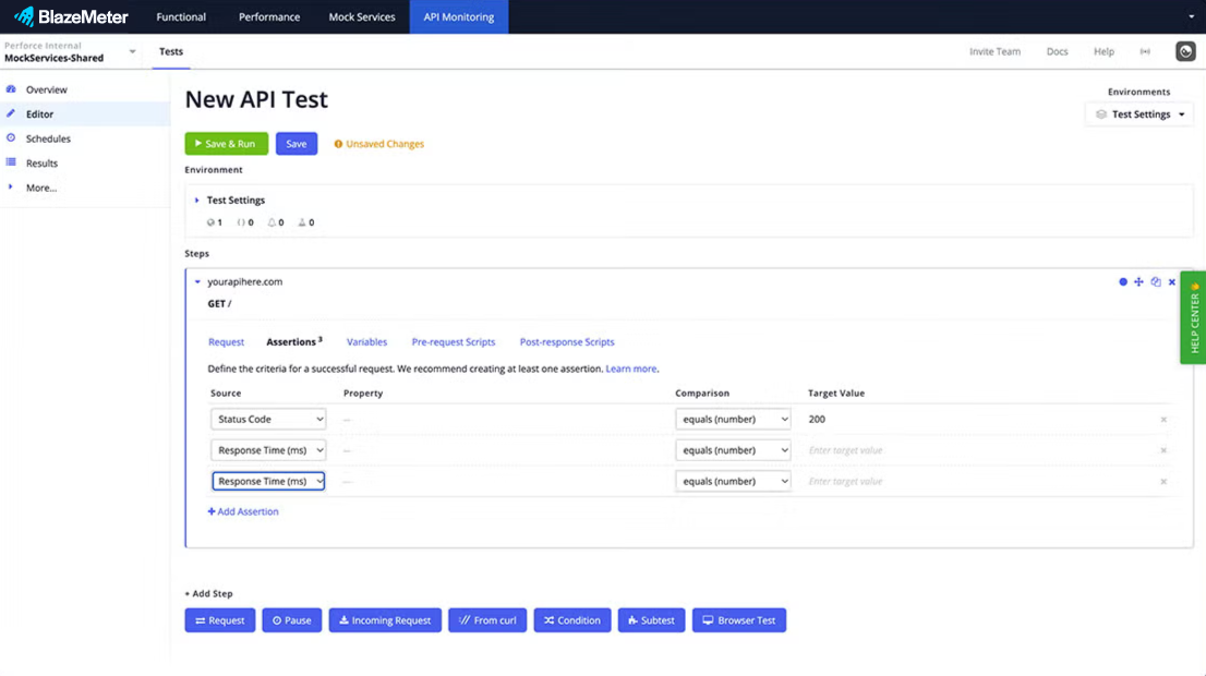 BlazeMeter API monitoring new test editor screenshot.