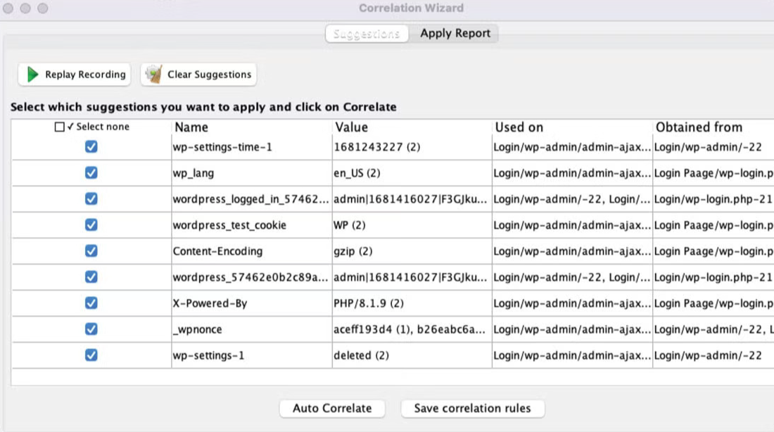 BlazeMeter correlation wizard suggestion screenshot.