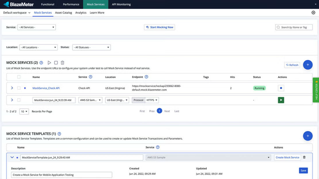BlazeMeter mock services continuous testing toolchain screenshot.