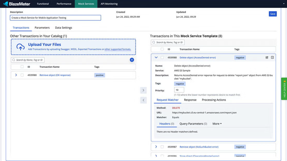 BlazeMeter mock services mobile application testing transactions screenshot.