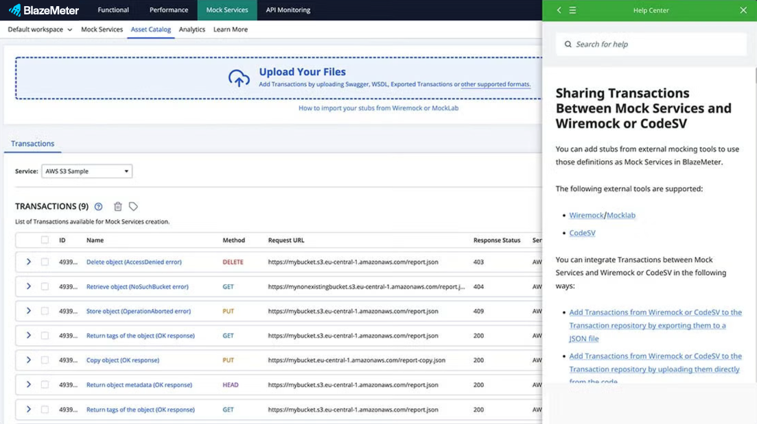 BlazeMeter mock services open source sharing transactions screenshot.