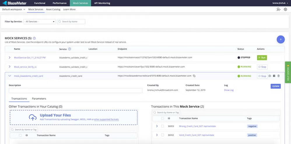 BlazeMeter mock services screenshot.