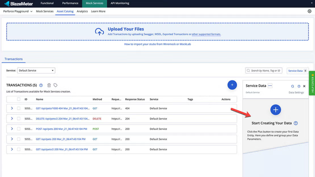 BlazeMeter mock services service data screenshot.