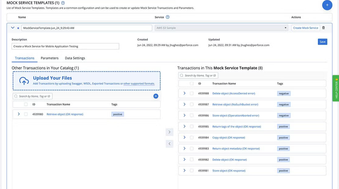 BlazeMeter mock templates transactions screenshot.
