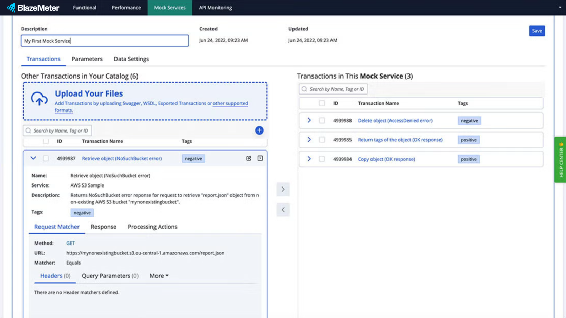 BlazeMeter mock transactions screenshot.