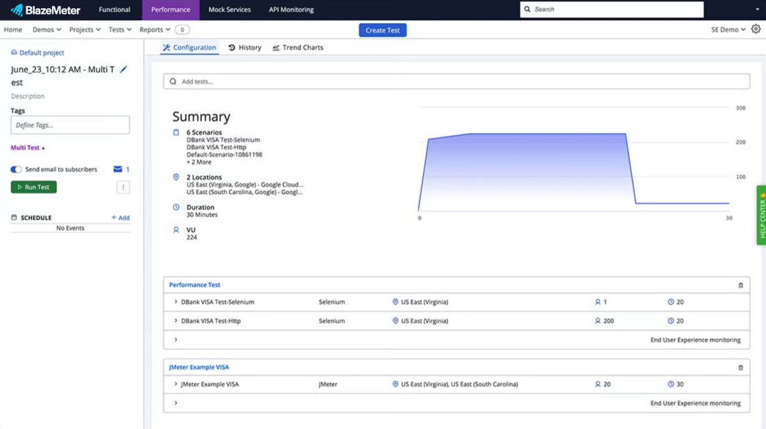 BlazeMeter product performance multi test screenshot.