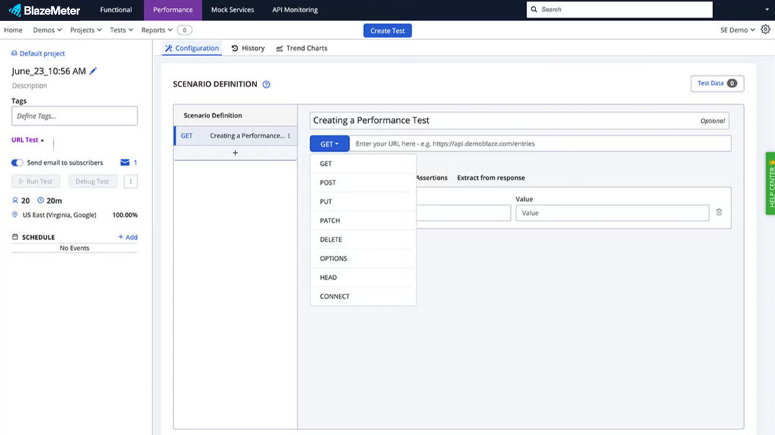 BlazeMeter product performance scriptless testing screenshot.