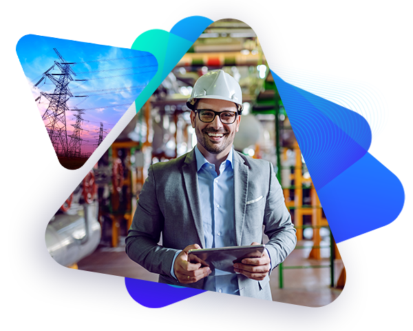 Smiling man with a tablet and a hard hat in an industrial energy plant background