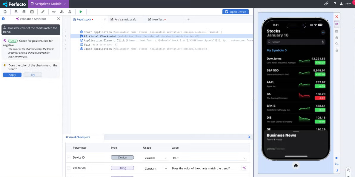 Perfecto AI validation screenshot.