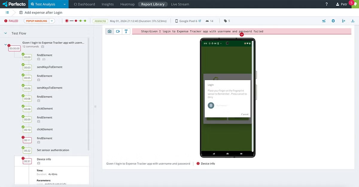 Perfecto report library AI testing screenshot.