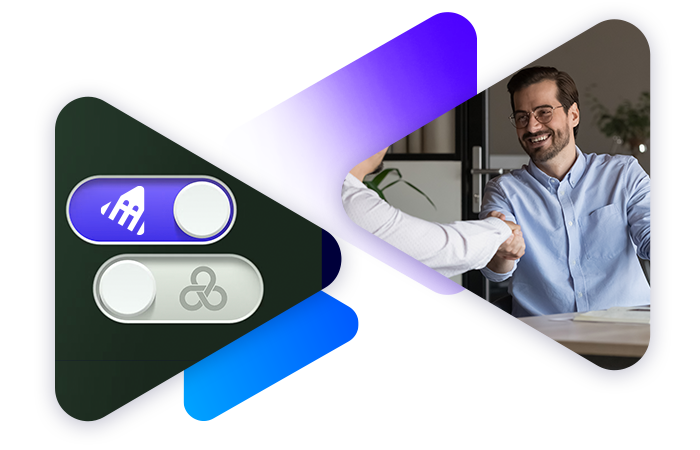 Two people handshaking and an image of a BlazeMeter switch turned to "on"