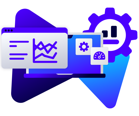 computer with charts, gears, and a laptop, symbolizing data analysis and technology.