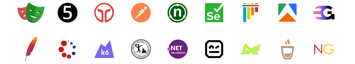A variety of open source framework logos including Selenium, Taurus, Gatling, JUnit, NUnit, Mocha, Locust, Playwright, and many others. 
