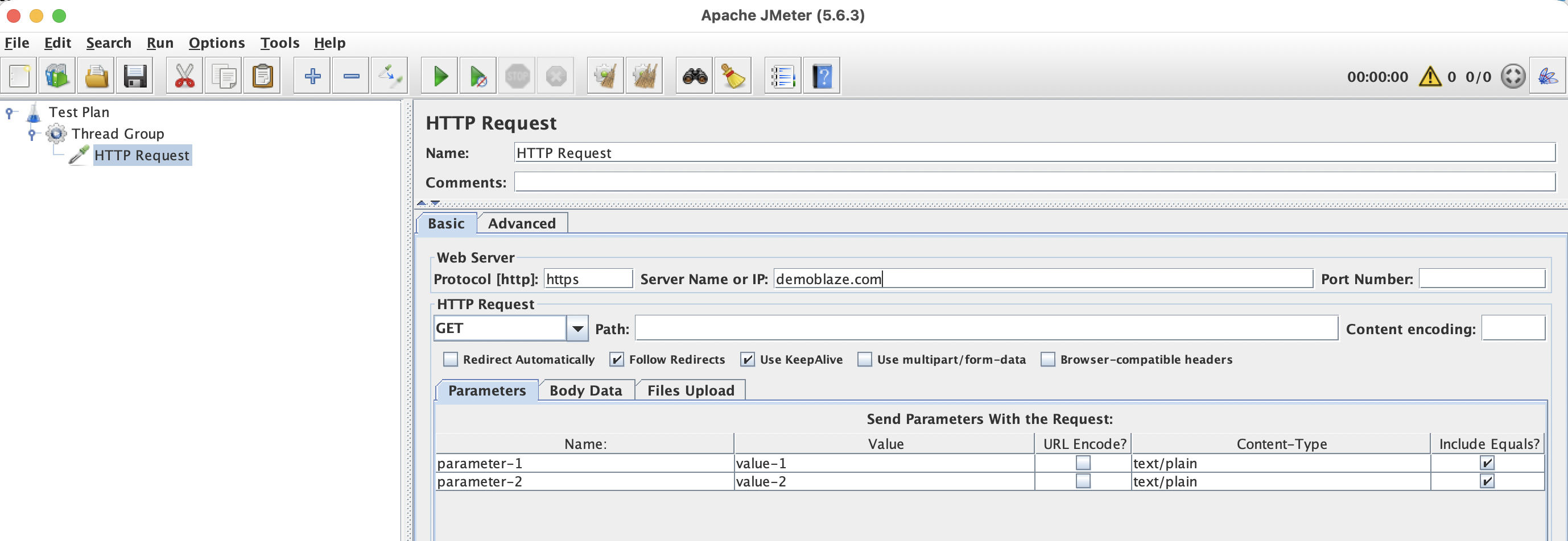 JMeter Screenshot: HTTP Request sampler configuration panel.