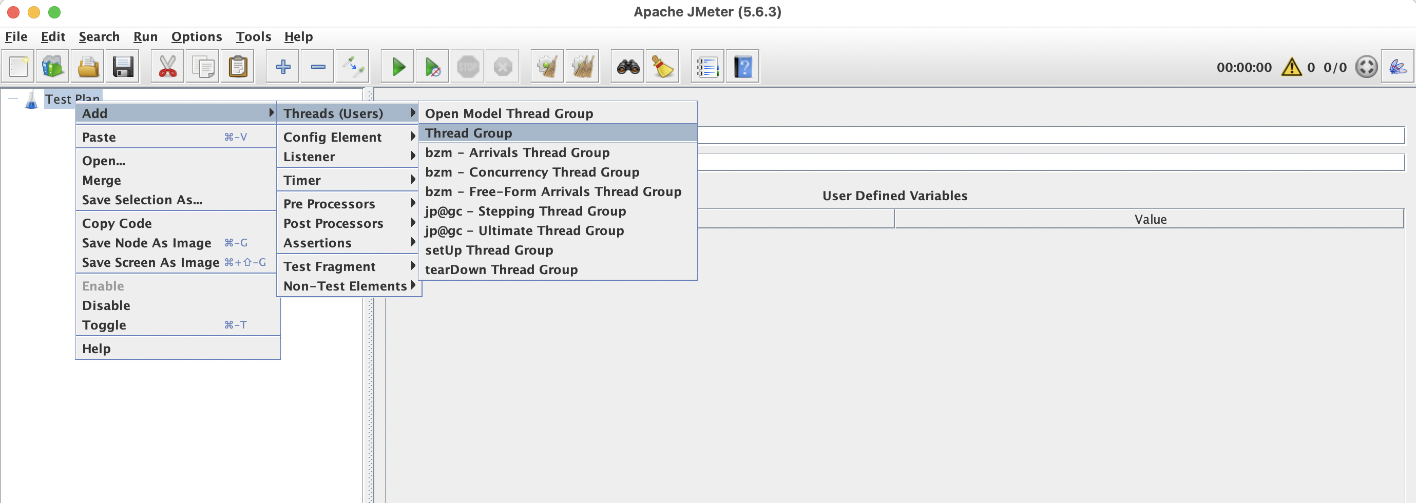 JMeter Screenshot: Adding a Thread Group via the context menu.