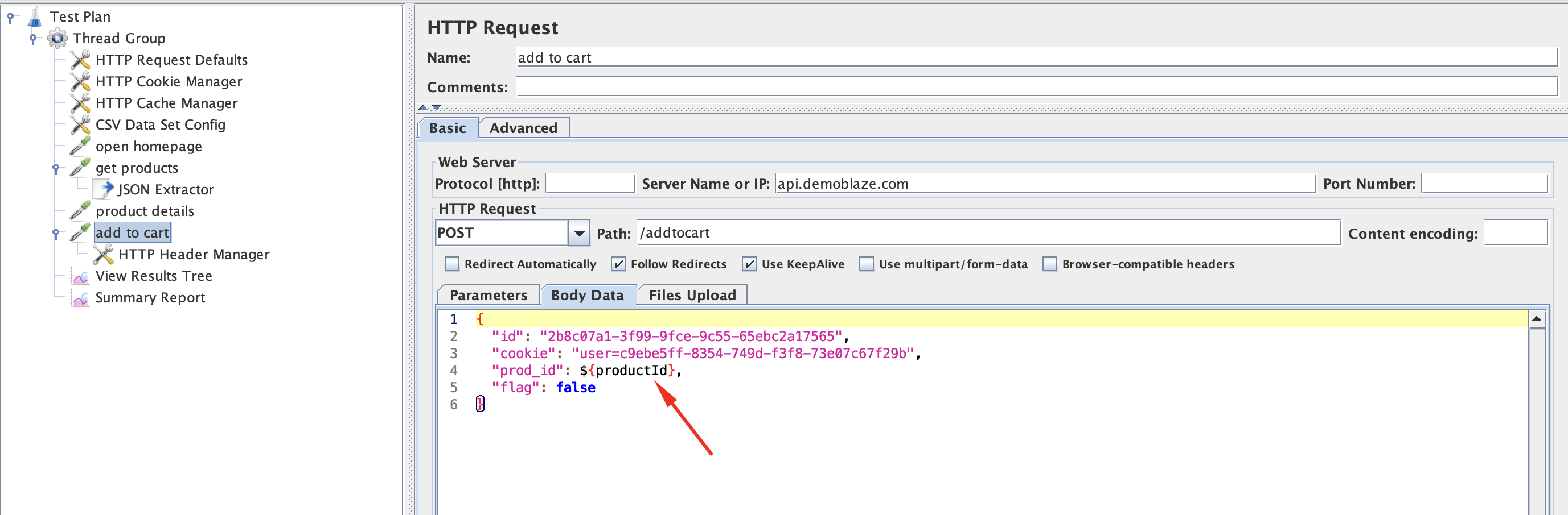 JMeter Screenshot: Add To Cart Request Correlation.