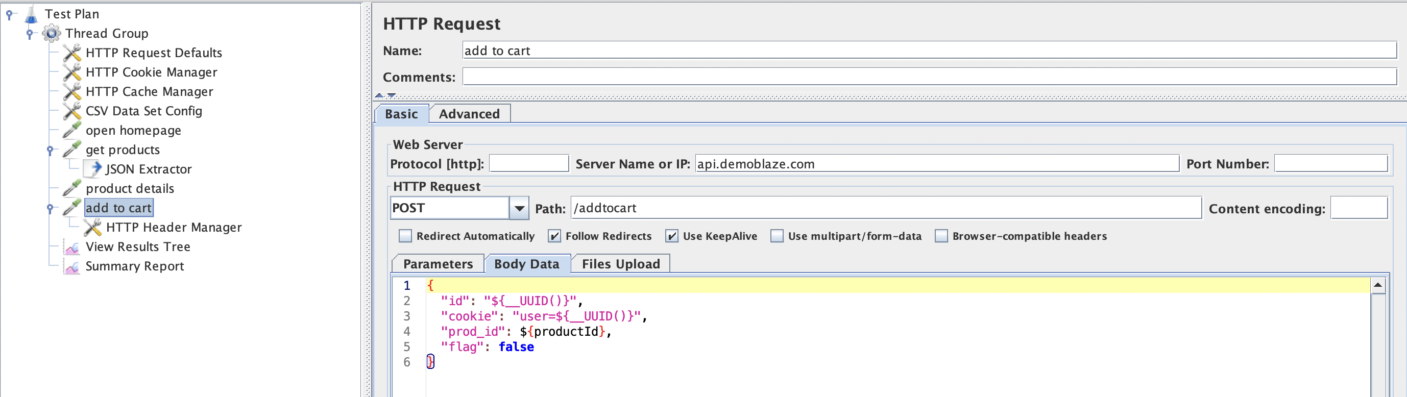 JMeter Screenshot: Fully Parameterized Add to Cart request.