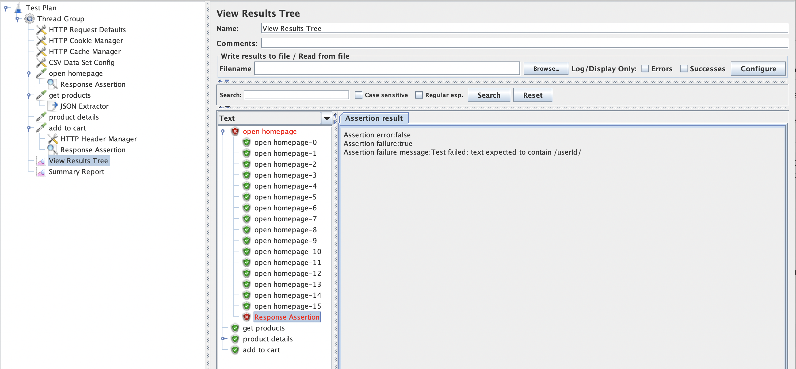 JMeter Screenshot: Assertion failure shown in View Results Tree.