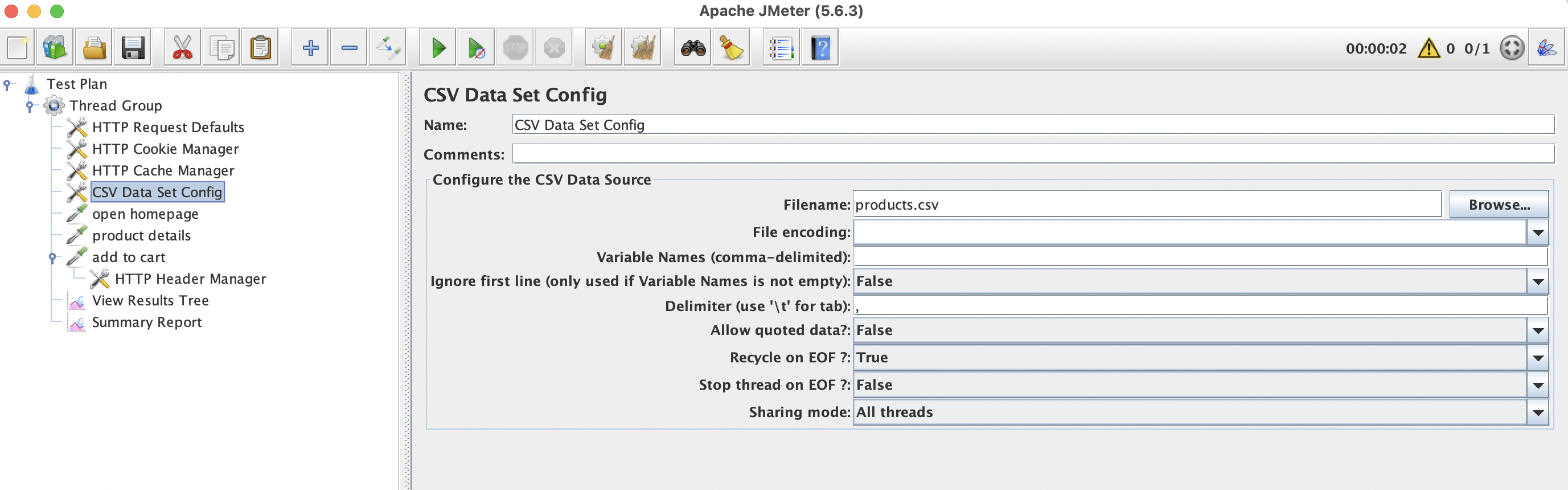 JMeter Screenshot: CSV Data Set Config configuration panel.