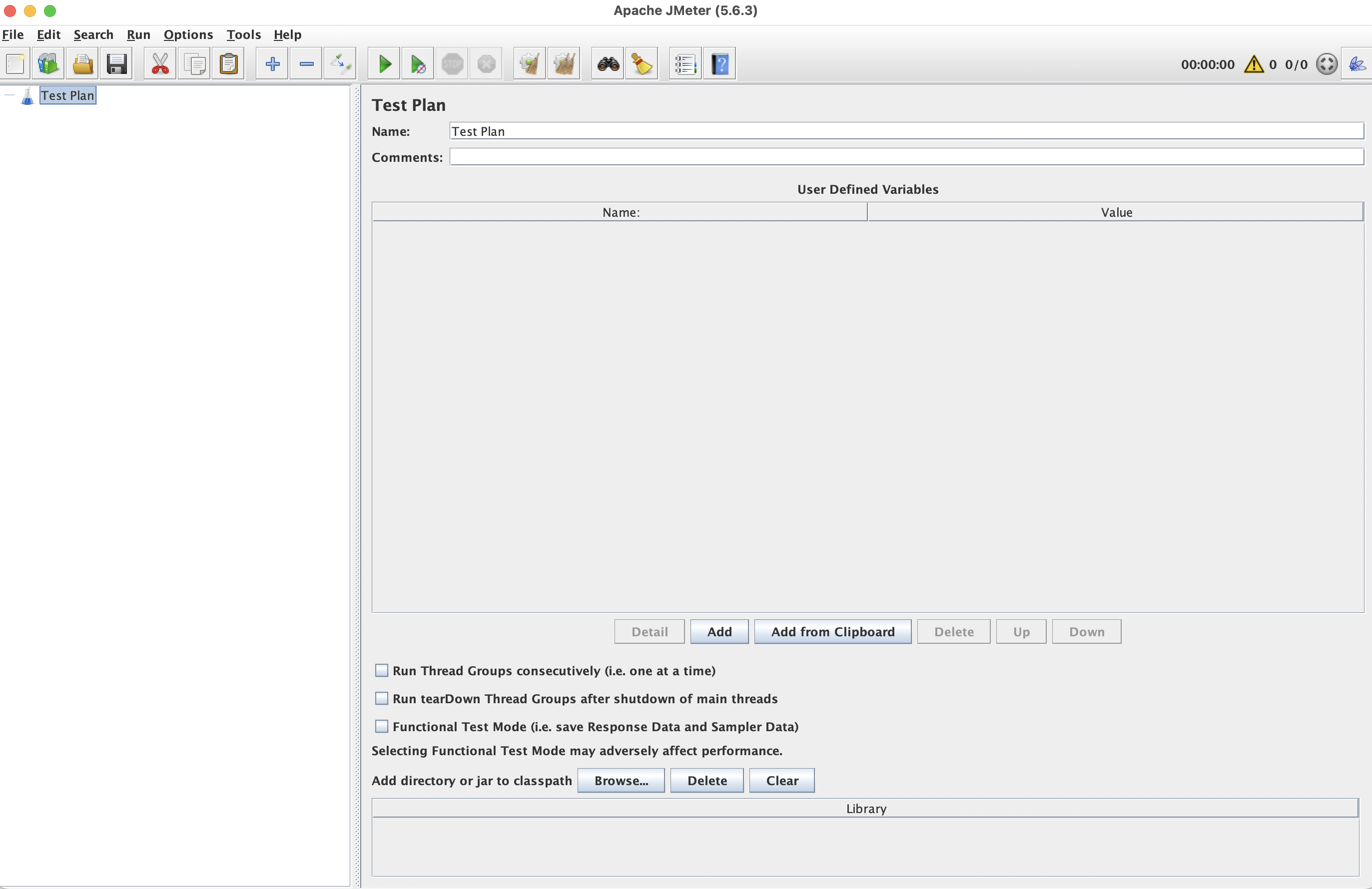 Screenshot: JMeter GUI - empty Test Plan after first launch.