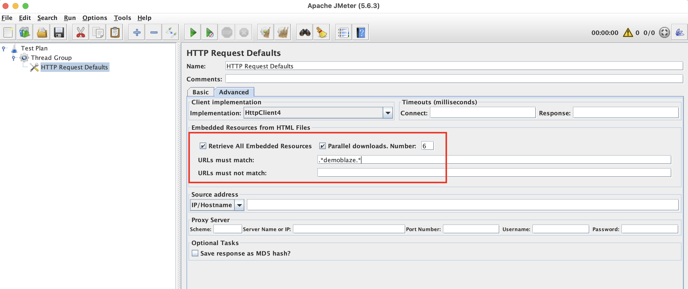 JMeter Screenshot: HTTP Request Defaults Embedded Resources.