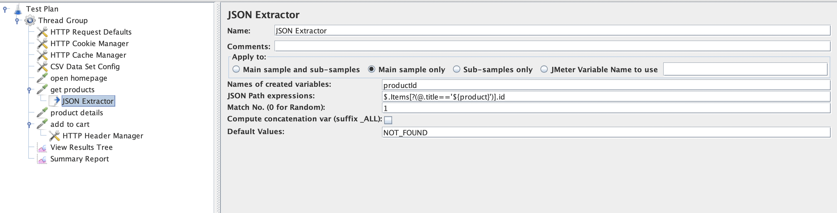 JMeter Screenshot: JSON Extractor configuration.