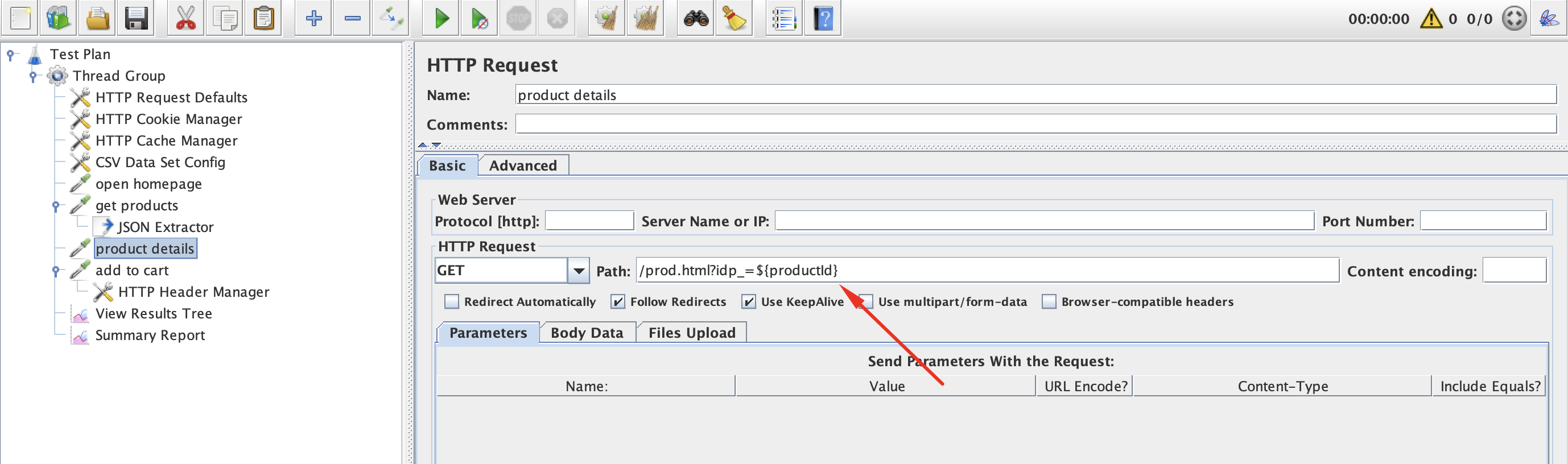 JMeter Screenshot: Product Details Request Correlation.