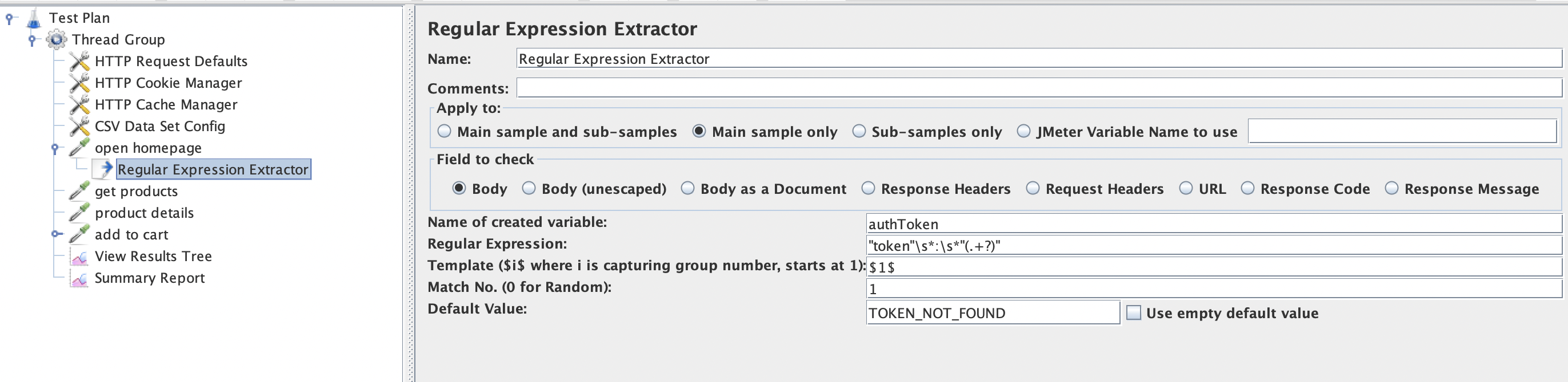 JMeter Screenshot: Regular Expression Extractor configuration.