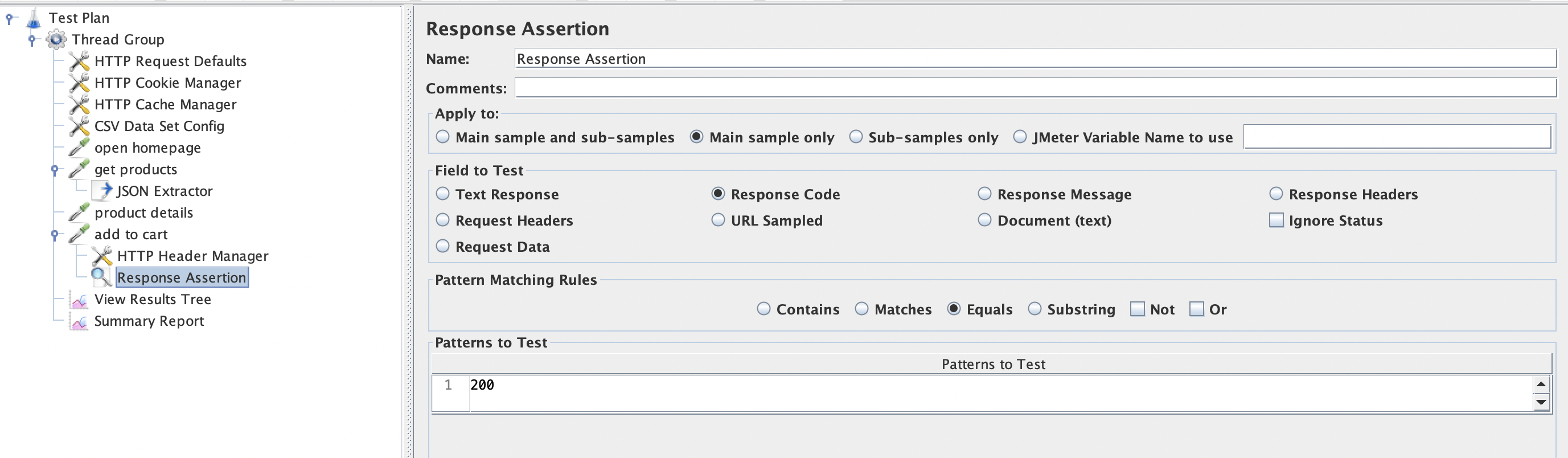 JMeter Screenshot: Response Assertion configuration.