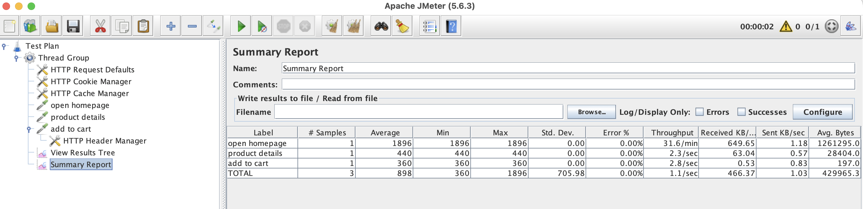 JMeter Screenshot: Summary Report Showing Aggregate Information for all 3 requests.