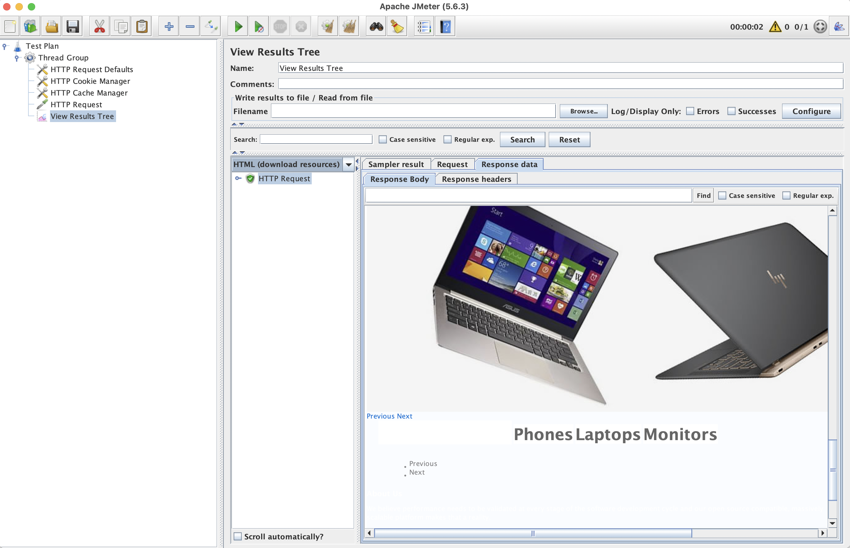 JMeter Screenshot: View Results Tree showing a successful GET request.