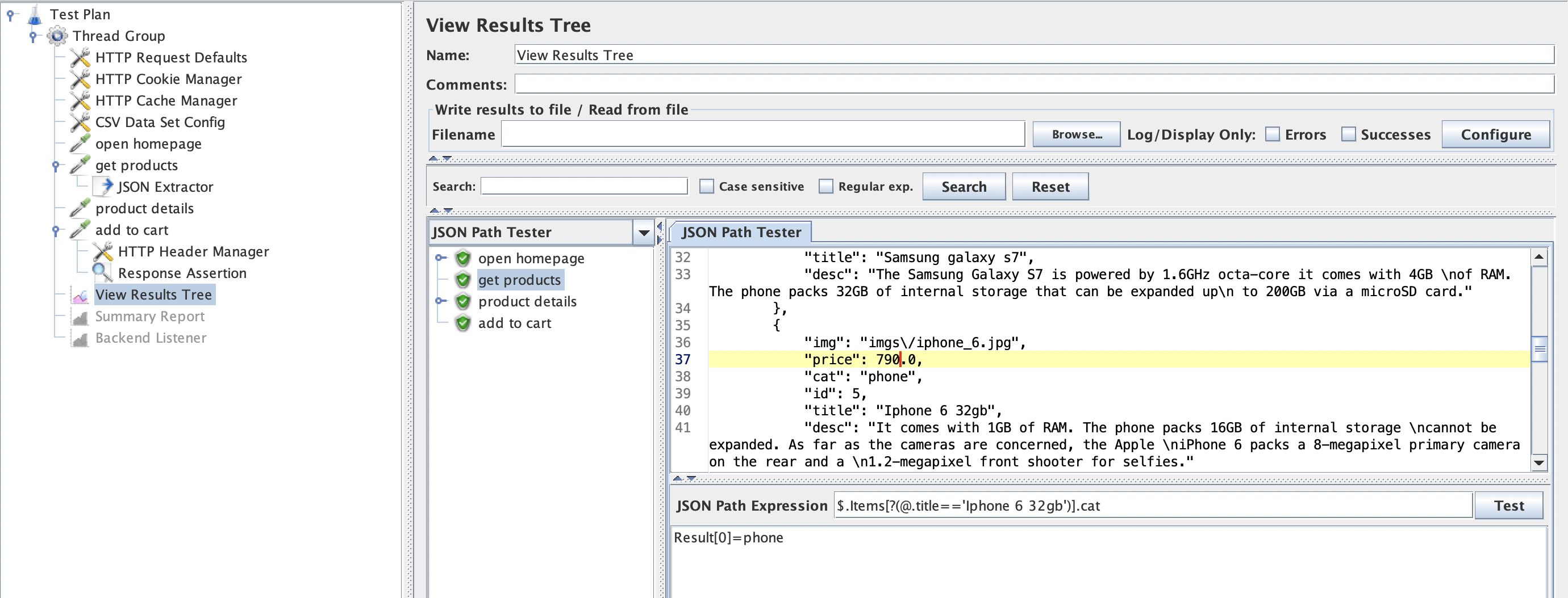 JMeter Screenshot: Testing a JSON Path expression in View Results Tree.