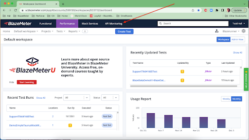 BlazeMeter API monitoring in top nav