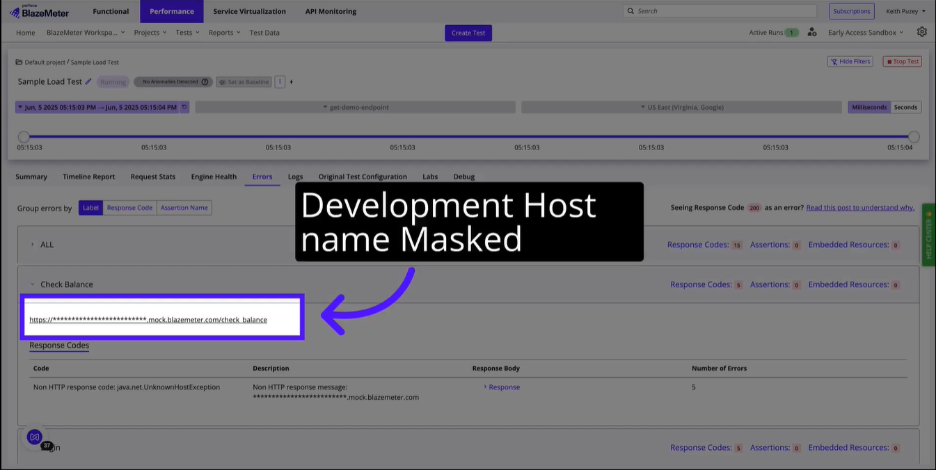 BlazeMeter Secrets masking a development host name in a sample load test.