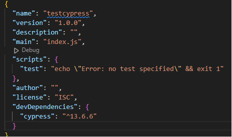 Package.json file with Cypress in devDependencies