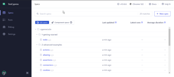 Cypress Test Runner UI in Specs tab