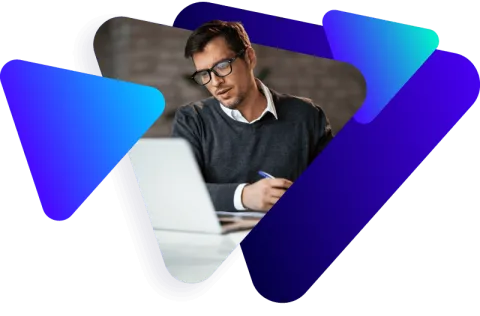 Developer analyzing laptop.